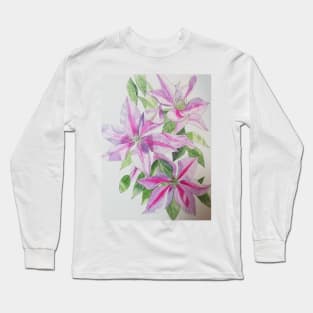 Pink clematis watercolor flowers painting Long Sleeve T-Shirt